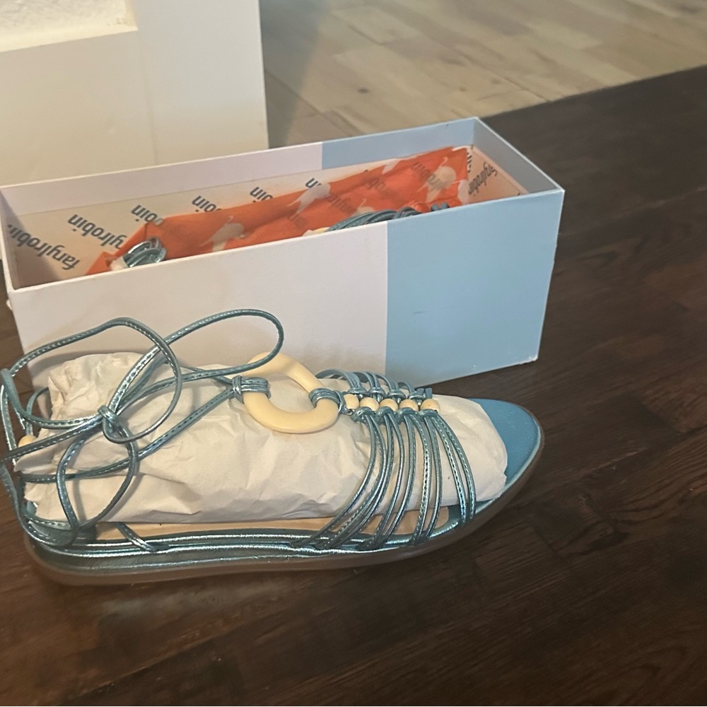 NEW Anthropologie Metallic Blue Strappy Sandals | 8